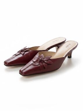 Nicole Burgundy Pointed Leather Kitten Heel Mules with Floral Applique